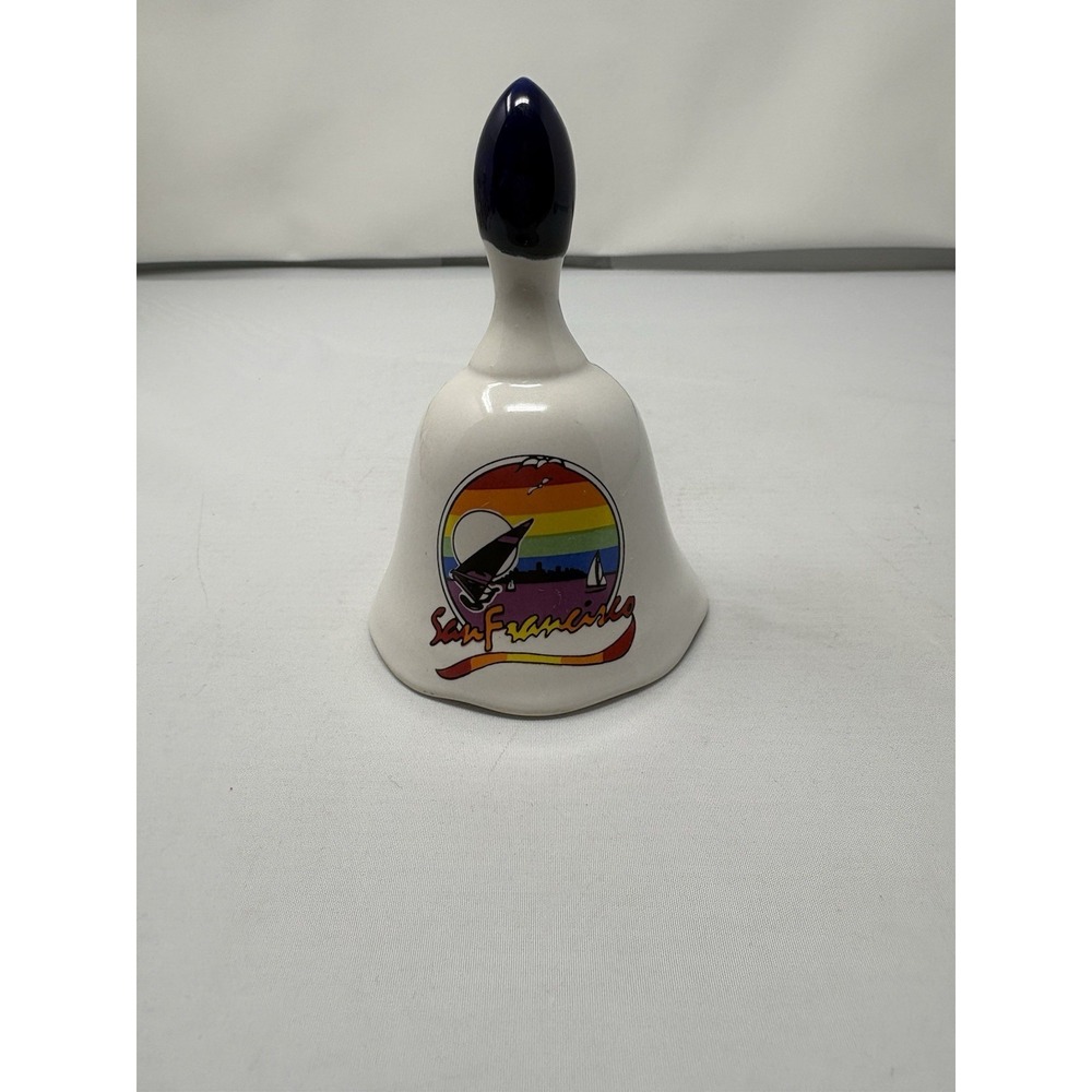Vintage San Francisco Two Tone White Ceramic Rainbow Sailboats Bell Souvenir